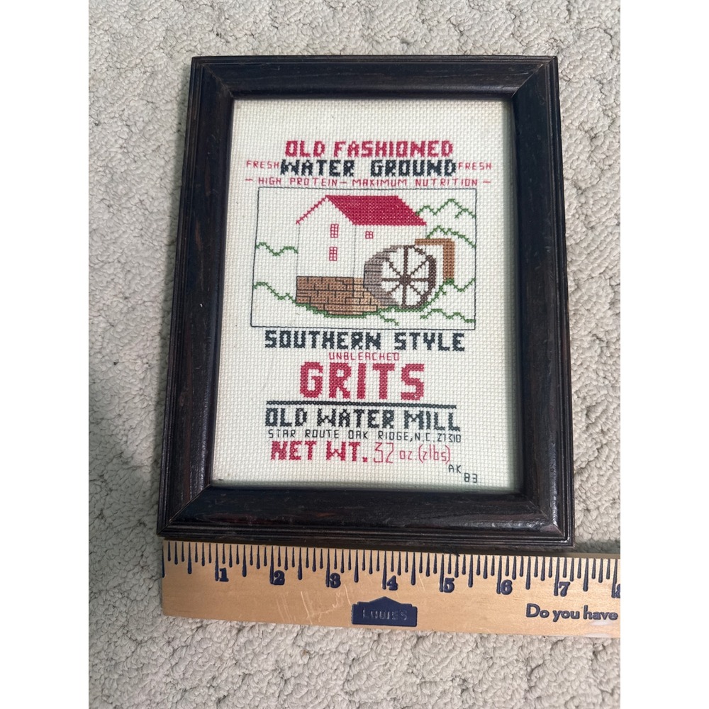 Vintage 1983 Hand Stitched Old Water Mill Grits Cross Stitch Framed Wall Art NC
